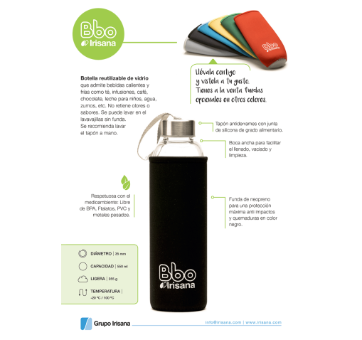 BOTELLA REUTILIZABLE Bbo DE CRISTAL con funda de neopreno