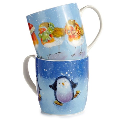 Set de 2 Tazas de Porcelana de Navidad "El Petirrojo y los Pingüinos Patinadores"