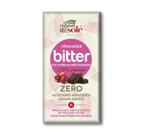 CHOCOLATE BITTER ZERO AZÚCAR CON AVELLANAS Y STEVIA - SOLÉ